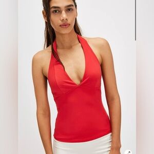 Free People Still Here Halter Halter Crop Top in Cherry Red Athleisure NWT